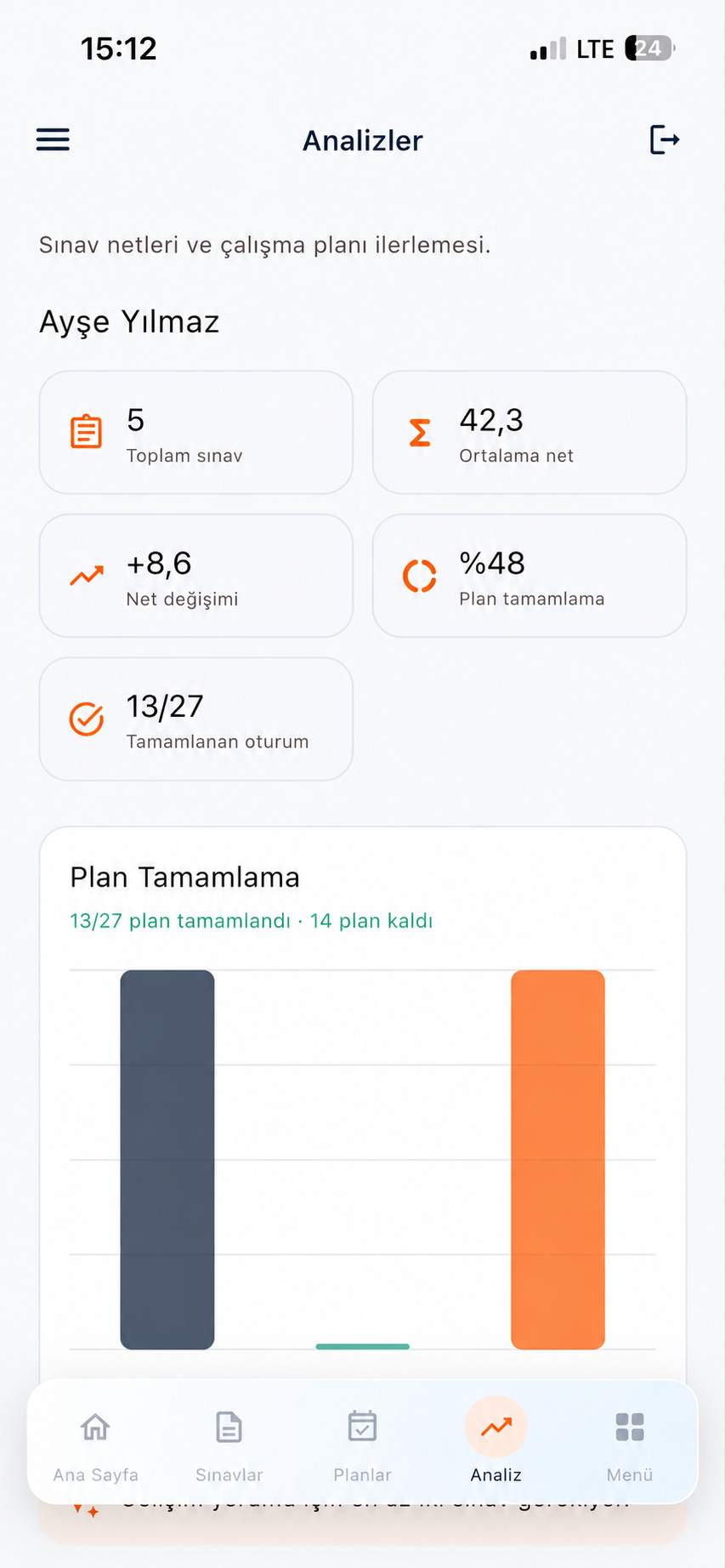 Öğrenci ekranı — performans analizi