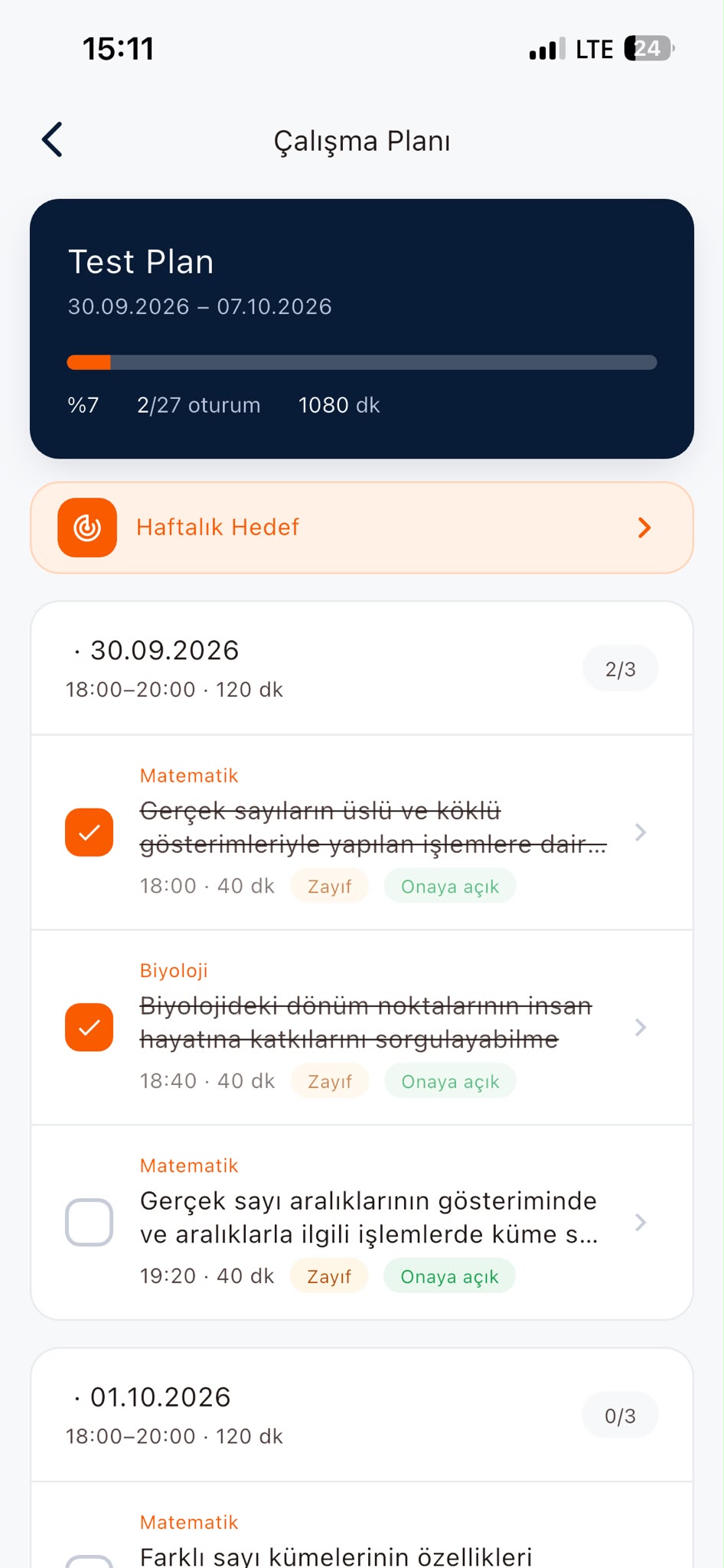 Öğrenci ekranı — günlük çalışma planı